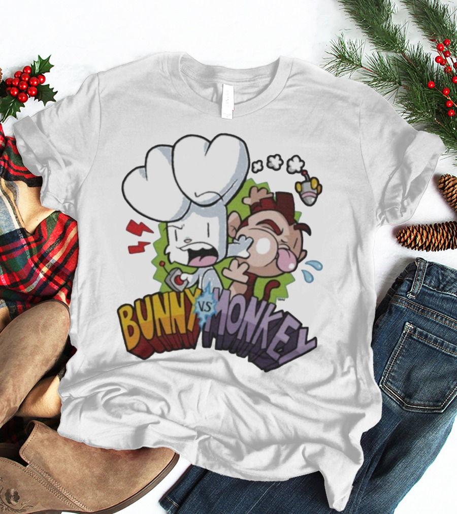 Bunny Vs Monkey Cartoon Rivalry Comic Style T-Shirt