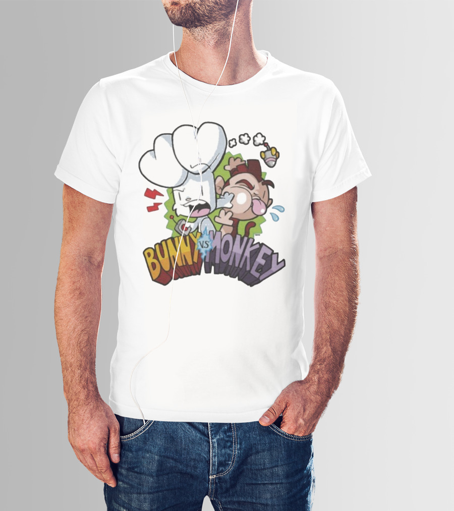Bunny Vs Monkey Cartoon Rivalry Comic Style T-Shirt