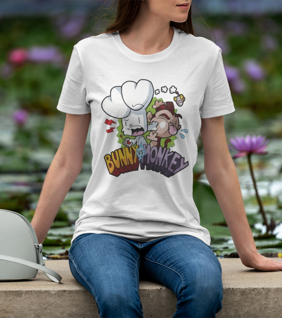 Bunny Vs Monkey Cartoon Rivalry Comic Style T-Shirt