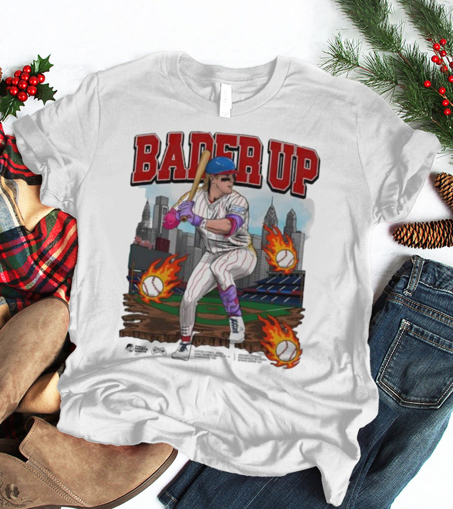 Bader Up Baseball Player Philadelphia Skyline And Flaming Baseballs T-Shirt