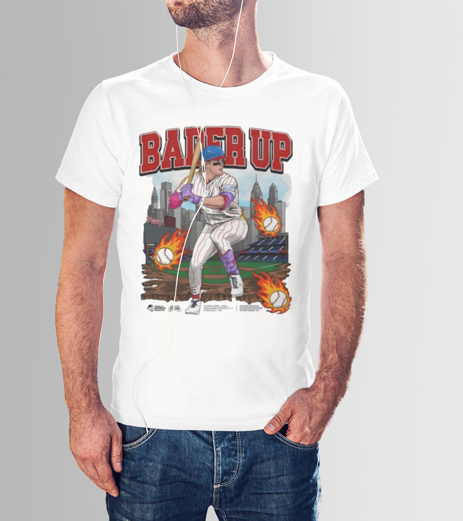 Bader Up Baseball Player Philadelphia Skyline And Flaming Baseballs T-Shirt