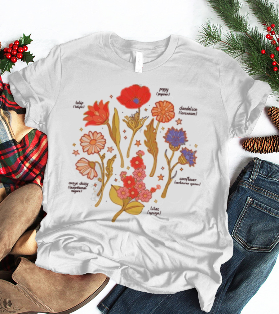 Botanical Revival Tulip Poppy Daisy Cosmos Lavender Floral Arrangement T-Shirt