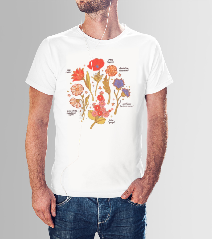Botanical Revival Tulip Poppy Daisy Cosmos Lavender Floral Arrangement T-Shirt