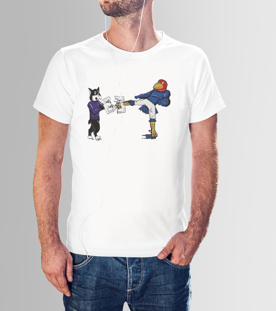 Kansas Jayhawk Mascot Kicking Wildcat We Own State T-Shirt