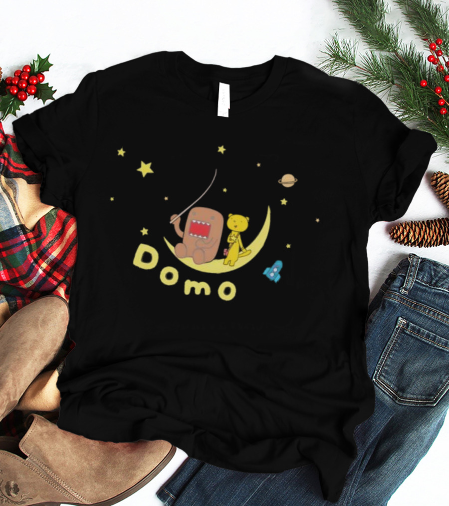Domo Moon Fishing With Cartoon Characters Under Stars T-Shirt