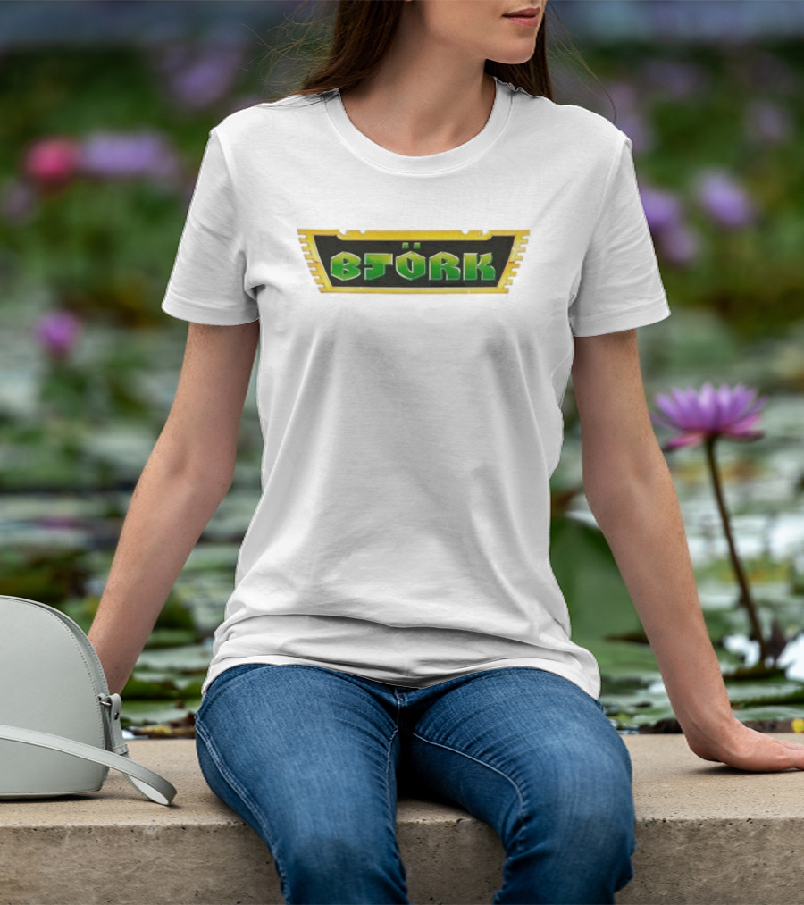 Björk Vintage Green Letters Yellow Border Retro Style T-Shirt
