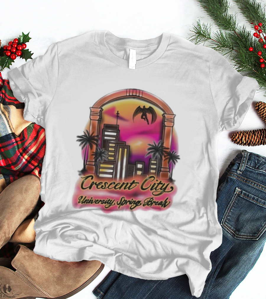 Crescent City University Spring Break Airbrush Tropical Sunset Skyscraper Archway Angel Wings T-Shirt