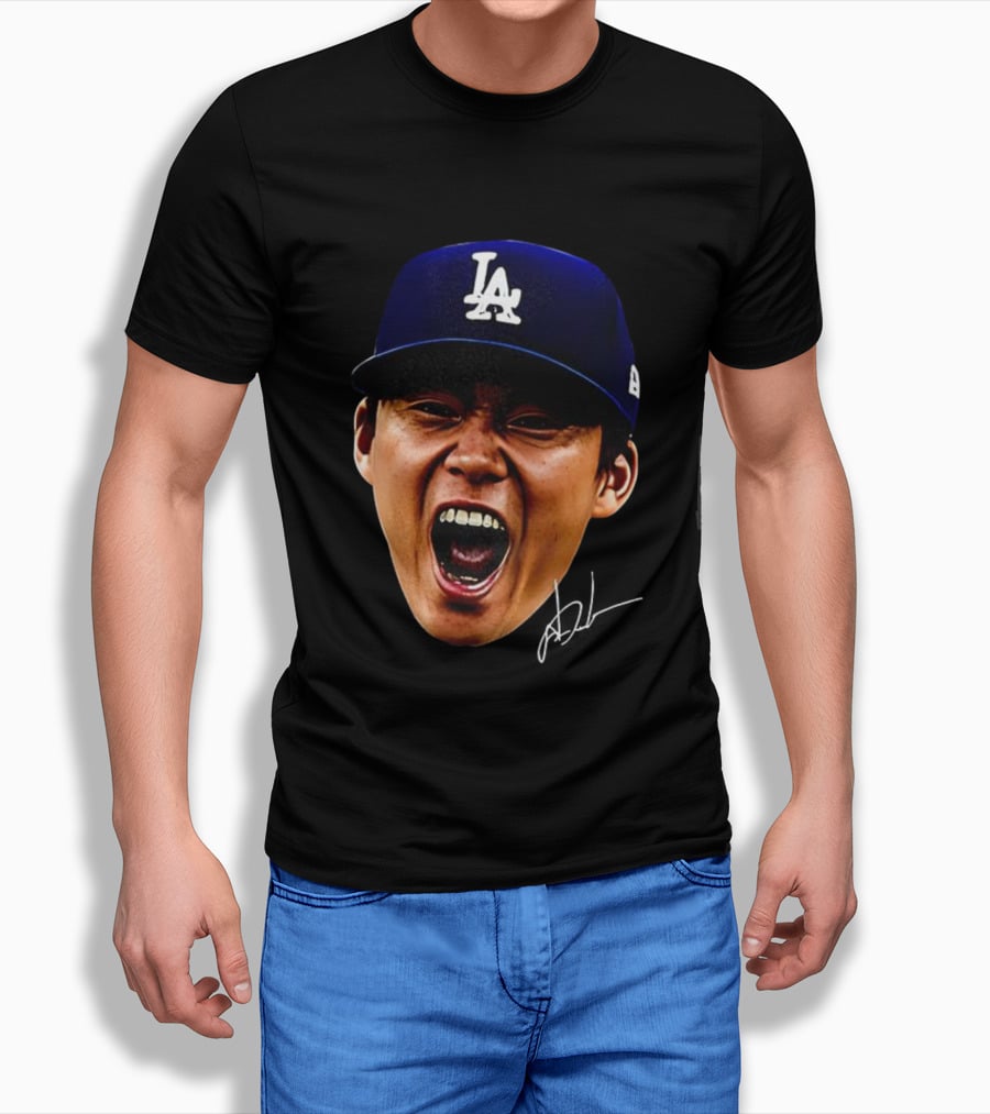 Yoshinobu Yamamoto LA Cap Big Head World Series Champions 2025 Signature T-Shirt