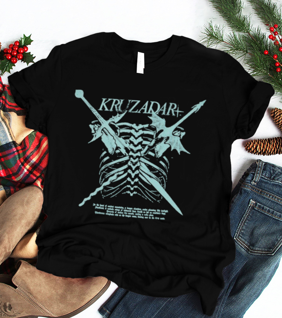 Kruzadar Dragonbone Crossed Swords And Dragon Wings Motif T-Shirt