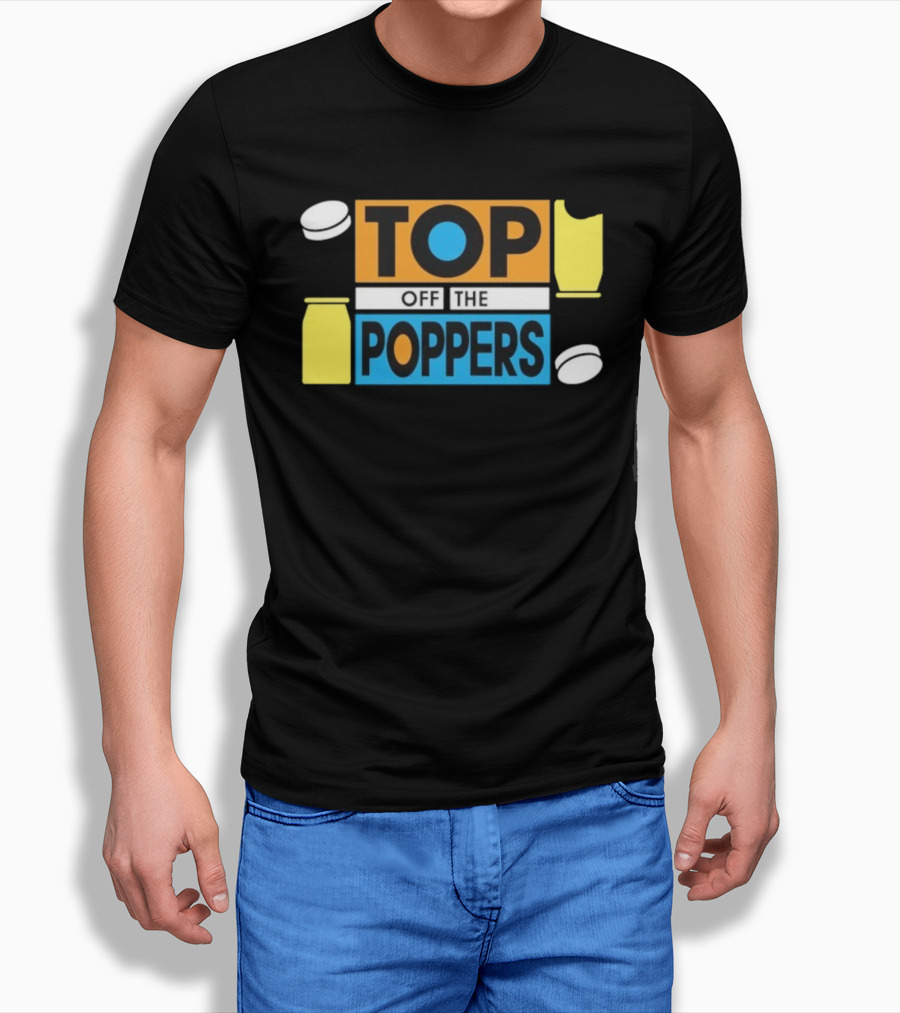 TOP OFF THE POPPERS Yellow And Blue Theme With White Pieces T-Shirt