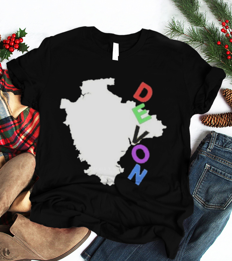 We Are Devon Island Map Outline With Colorful Vertical Text T-Shirt