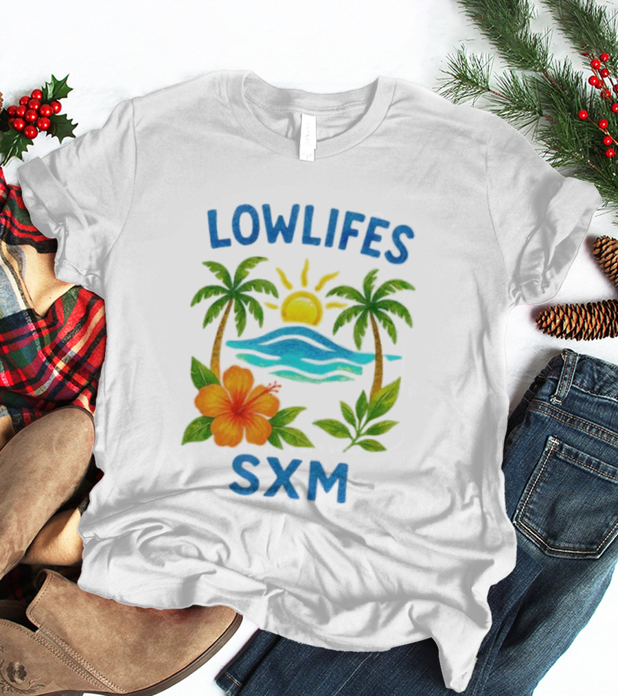 Lowlifes SXM Tropical Sunset 2025 Palms Hibiscus Ocean Sun T-Shirt