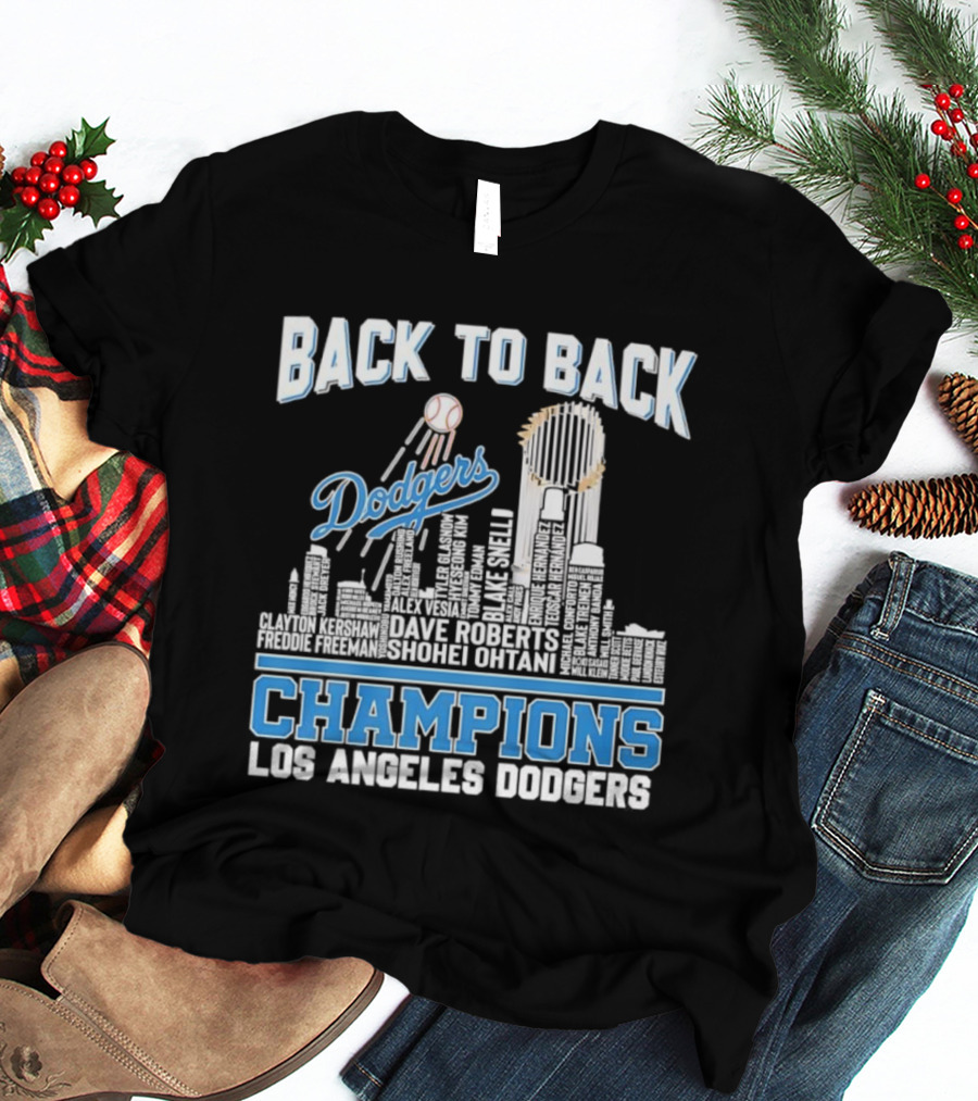 Back To Back Champions Dodgers Trophy Los Angeles Skyline T-Shirt