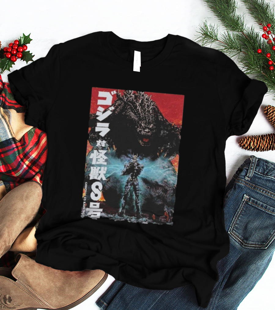 Godzilla Vs Kaiju No. 8 Japanese Text Battle Scene T-Shirt