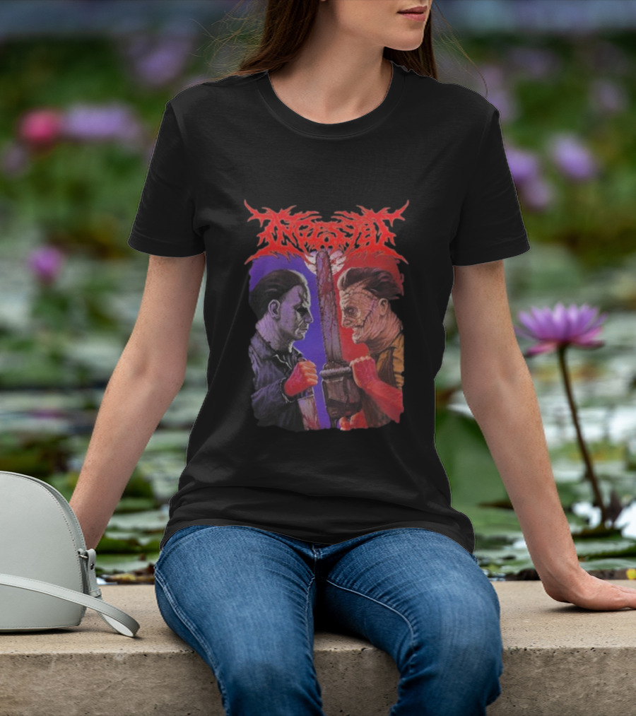 Michael Myers Freddy Krueger Ingested Chainsaw Showdown Graphic T-Shirt