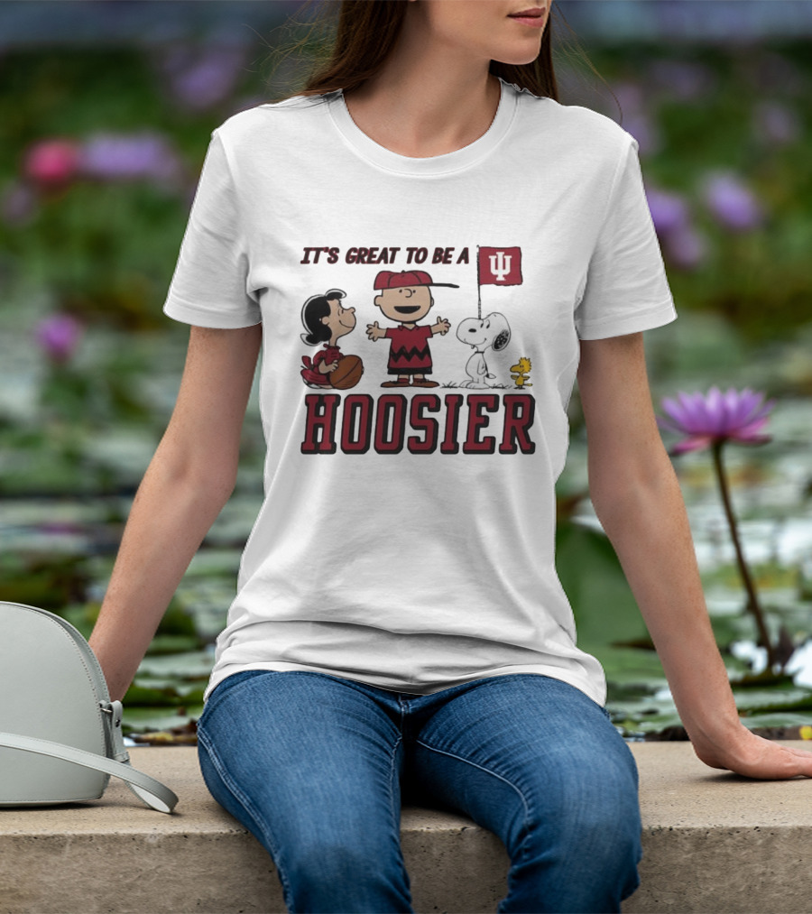 Peanuts Characters Indiana Hoosiers It's Great To Be A Hoosier Snoopy Woodstock Lucy Charlie Brown IU Flag T-Shirt