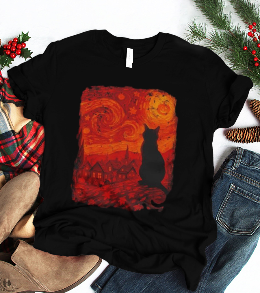 Van Gogh Cat Lover Starry Night Thanksgiving Autumn T-Shirt