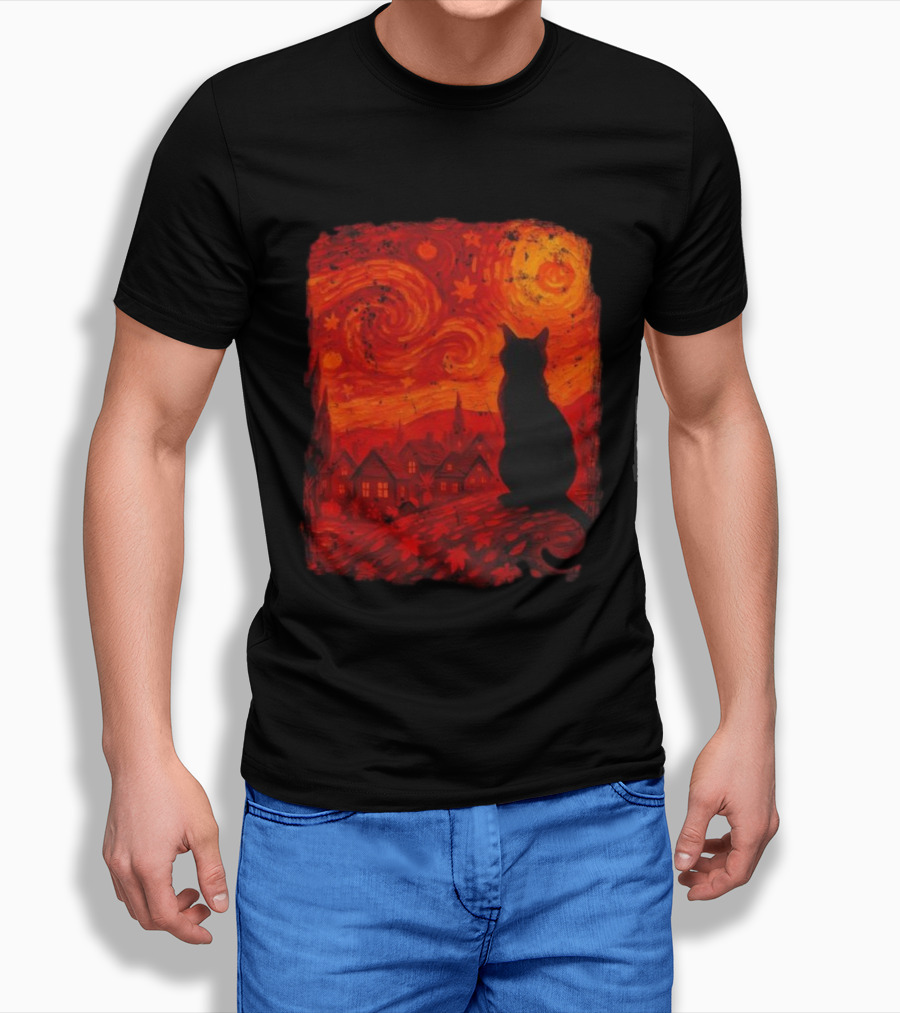 Van Gogh Cat Lover Starry Night Thanksgiving Autumn T-Shirt