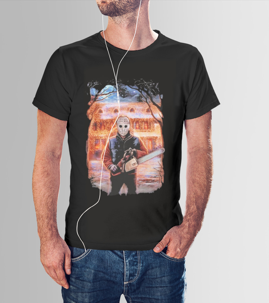 Clark’s Revenge Chainsaw Christmas Lights Hockey Mask Retro Horror Holiday T-Shirt