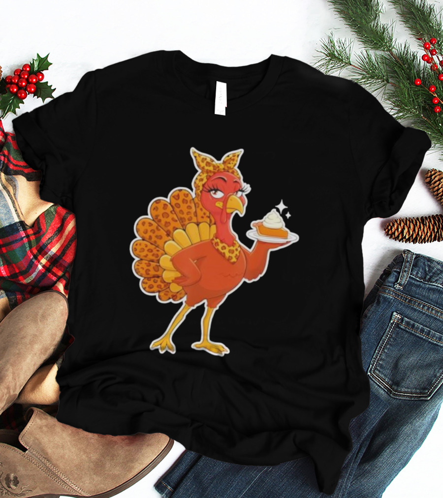 Leopard Print Turkey With Pumpkin Pie Thanksgiving T-Shirt