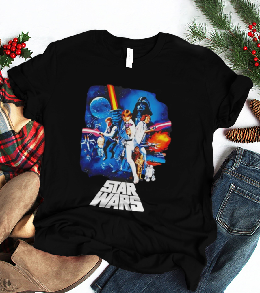 Star Wars New Hope Retro Darth Vader Luke Skywalker Leia Han Solo Chewbacca R2-D2 C-3PO Vintage Galactic Battle Scene T-Shirt