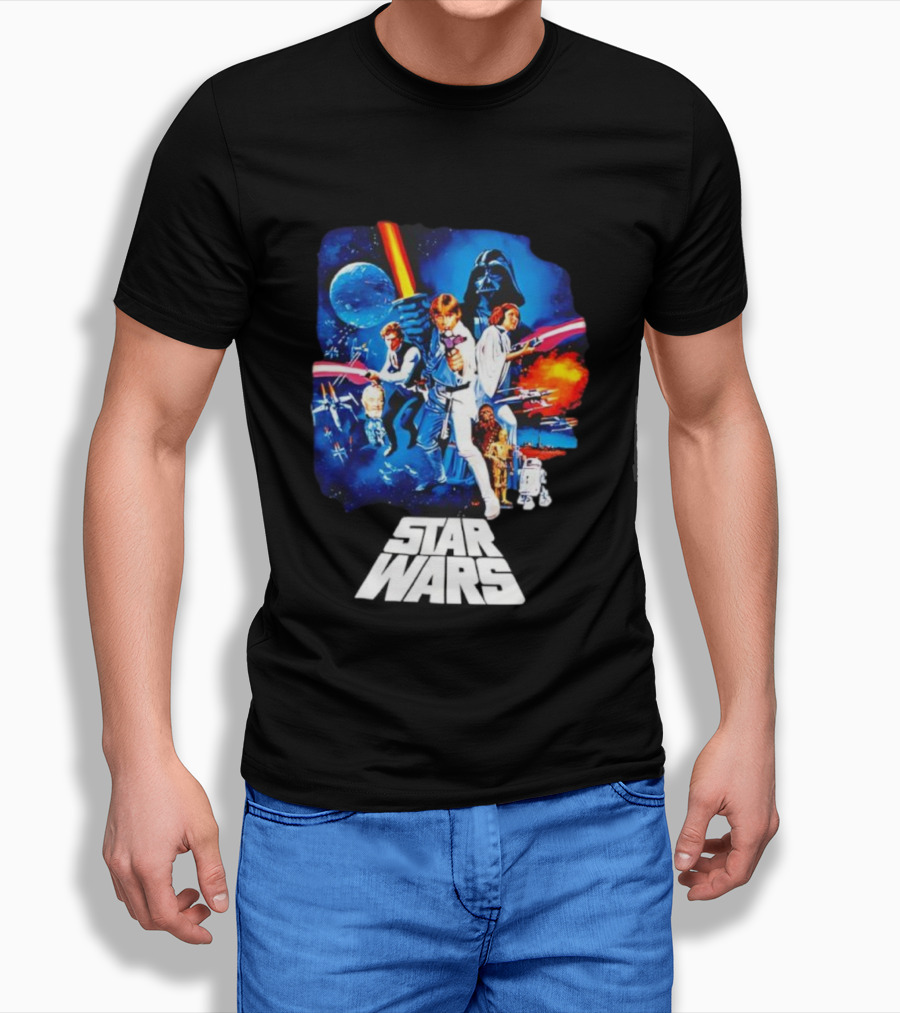 Star Wars New Hope Retro Darth Vader Luke Skywalker Leia Han Solo Chewbacca R2-D2 C-3PO Vintage Galactic Battle Scene T-Shirt