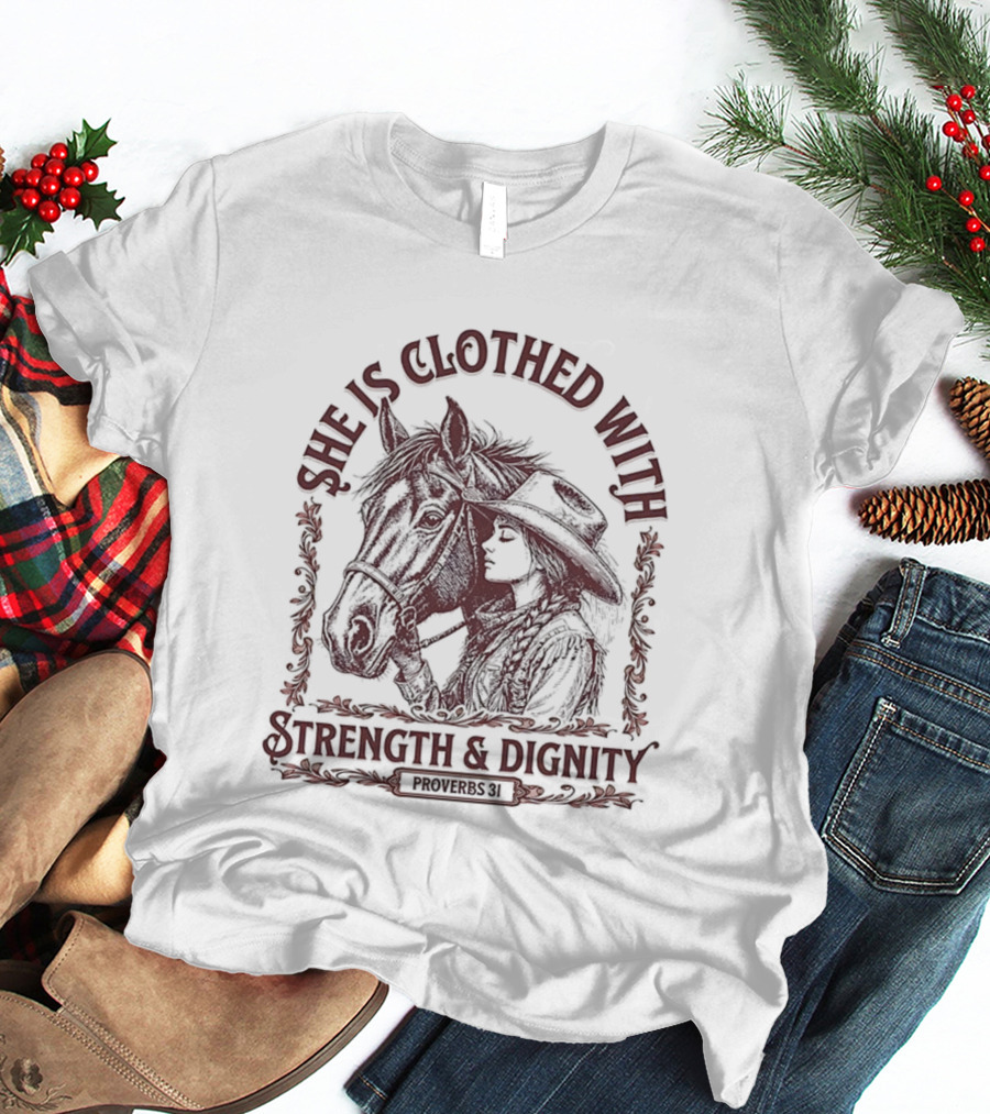 She Is Clothed With Strength And Dignity Proverbs 31 Horse And Cowgirl Design T-Shirt