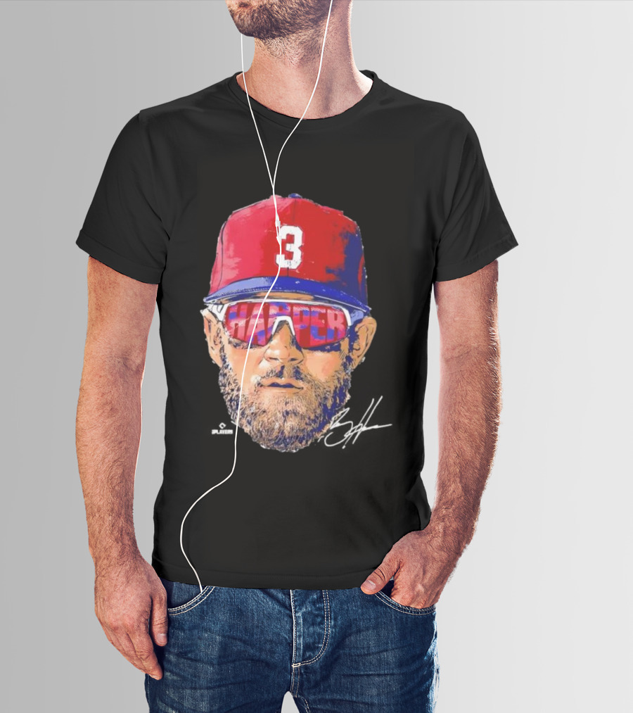 Philadelphia Phillies Bryce Harper Signature Head 3 Cap Sunglasses T-Shirt