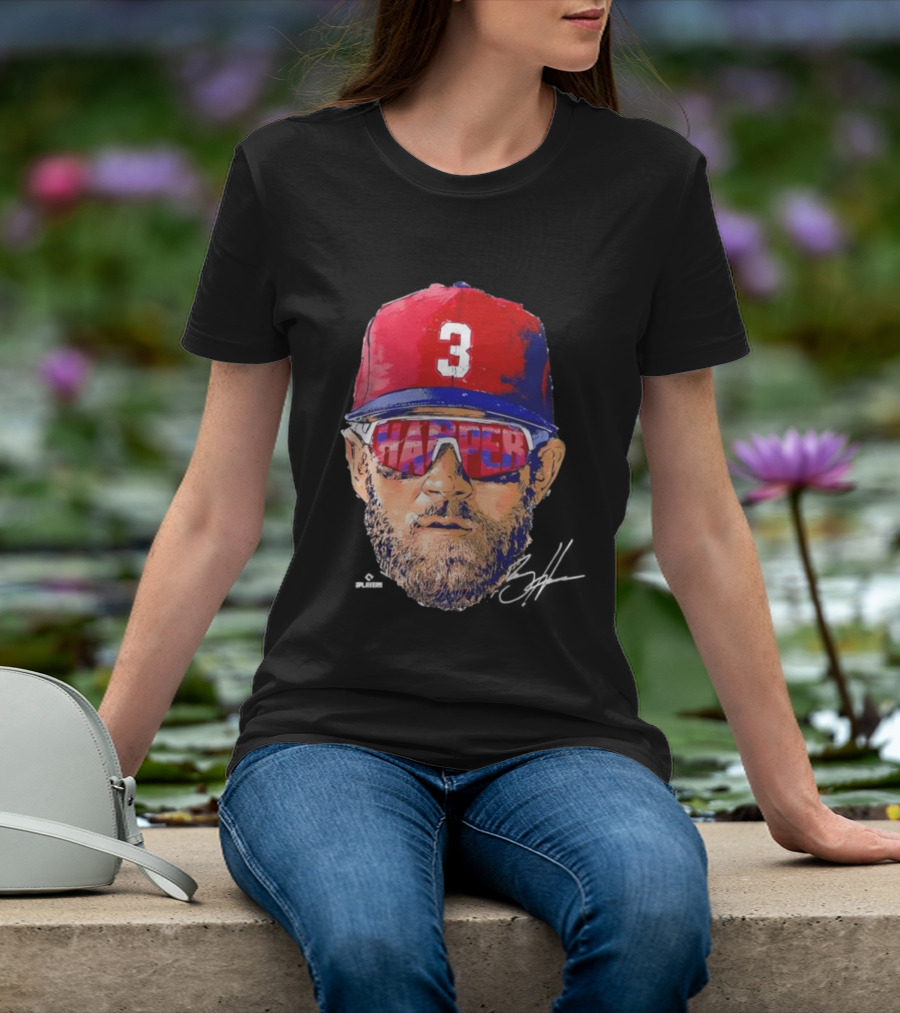 Philadelphia Phillies Bryce Harper Signature Head 3 Cap Sunglasses T-Shirt