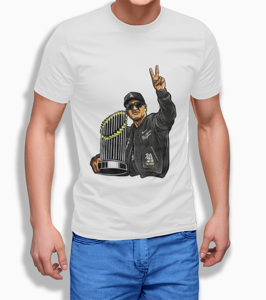 Dave Roberts Los Angeles Dodgers World Series Trophy 2025 Victory Sign T-Shirt