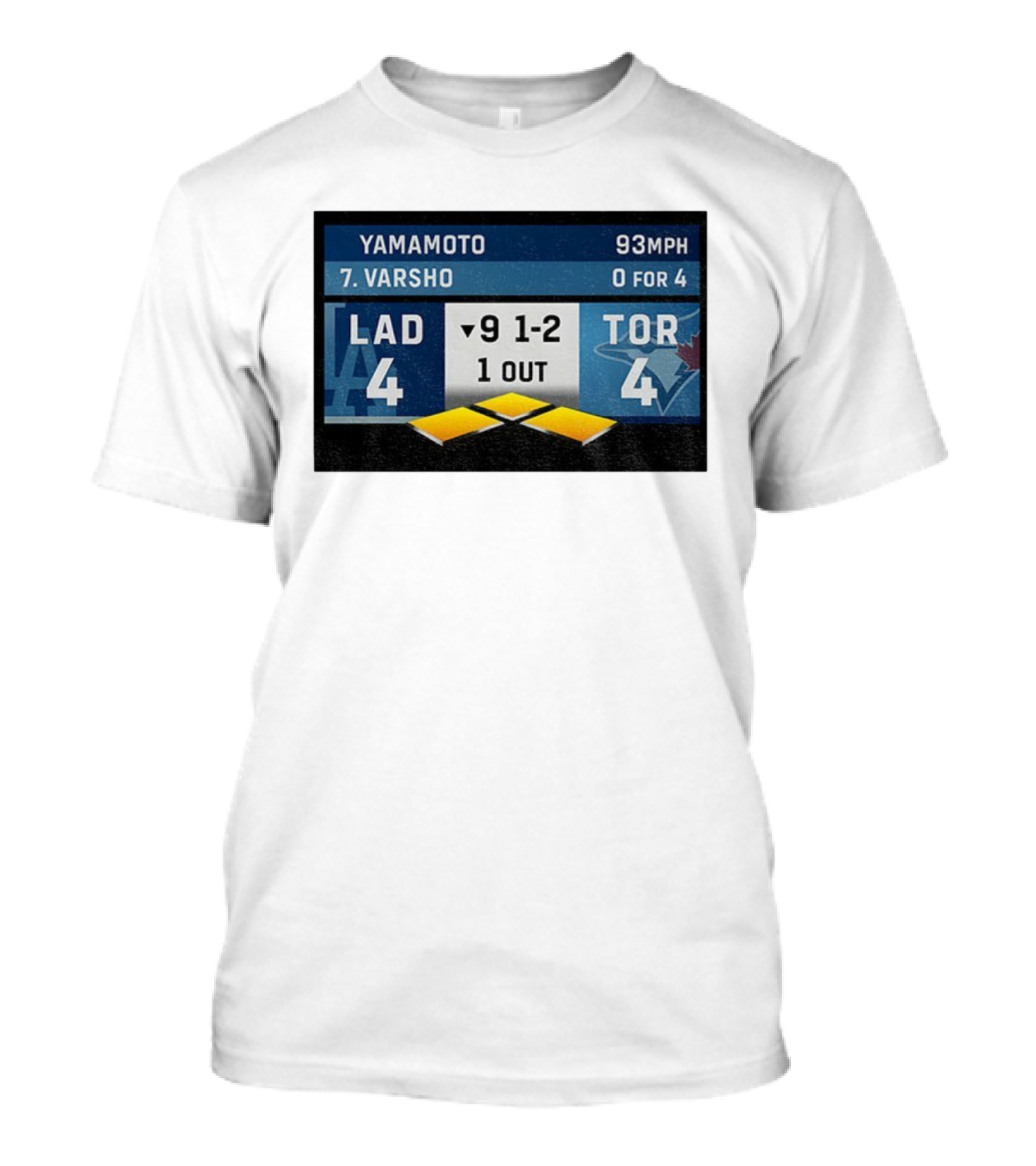 Los Angeles Dodgers Vs Toronto Blue Jays Bottom Of 9th Inning Score Tied 4-4 With Pitcher Yamamoto And Batter Varsho T-Shirt