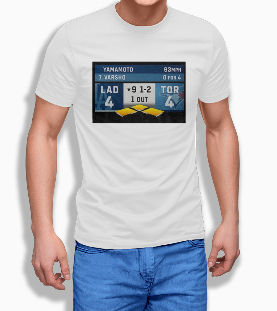 Los Angeles Dodgers Vs Toronto Blue Jays Bottom Of 9th Inning Score Tied 4-4 With Pitcher Yamamoto And Batter Varsho T-Shirt