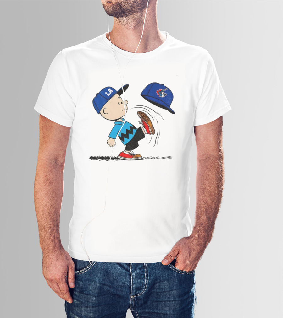 Los Angeles Dodgers LA Cap Charlie Brown Kicking Toronto Blue Jays Hat Peanuts Crossover T-Shirt