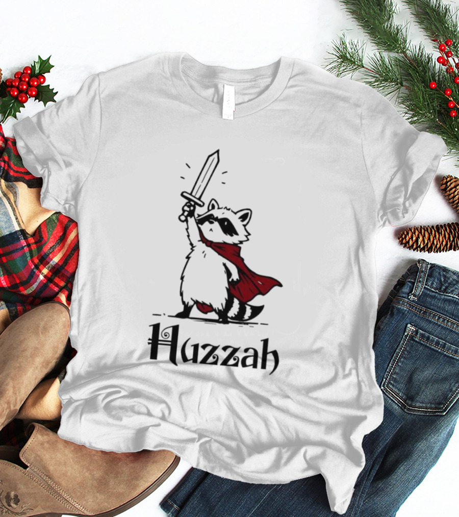 Raccoon Warrior Huzzah Red Cape Sword Heroic Pose T-Shirt