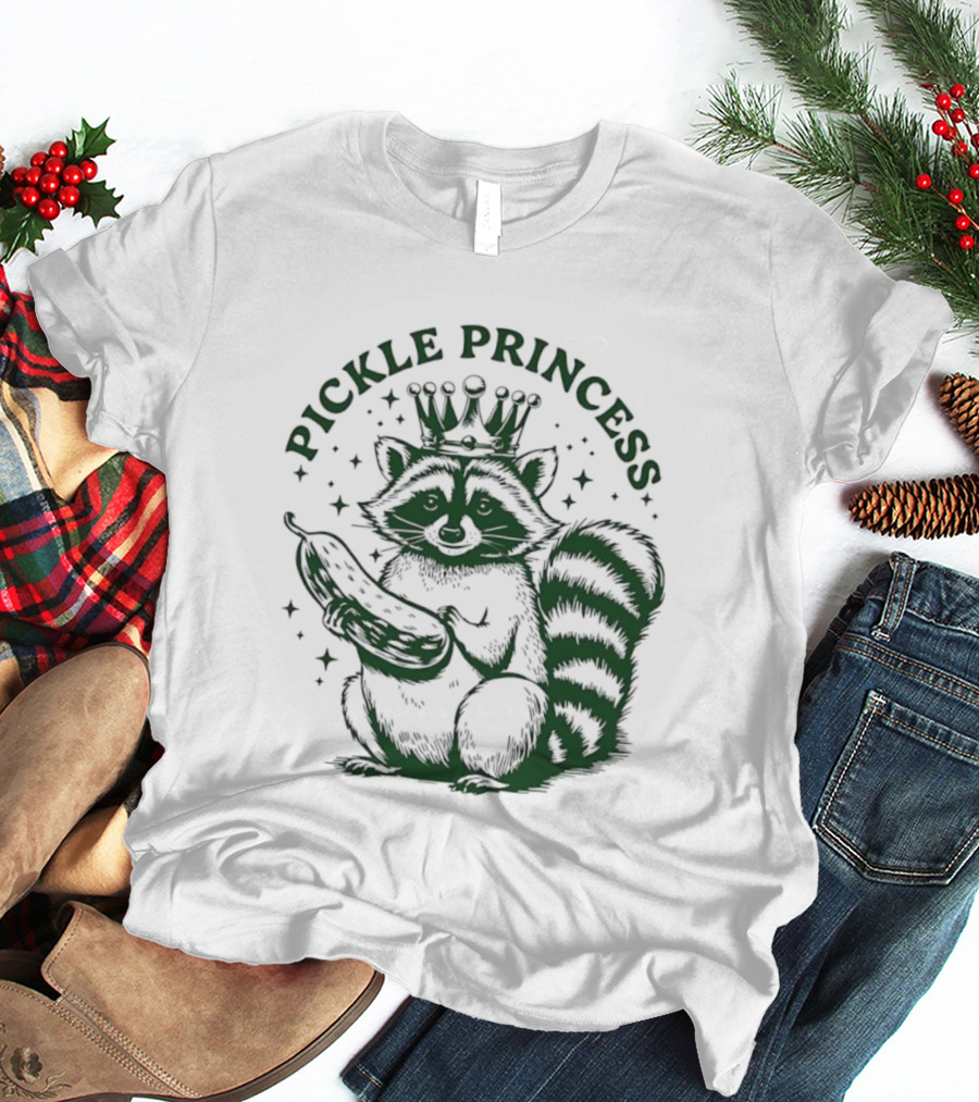 Pickle Princess Raccoon Holding Pickle With Crown And Stars T-Shirt
