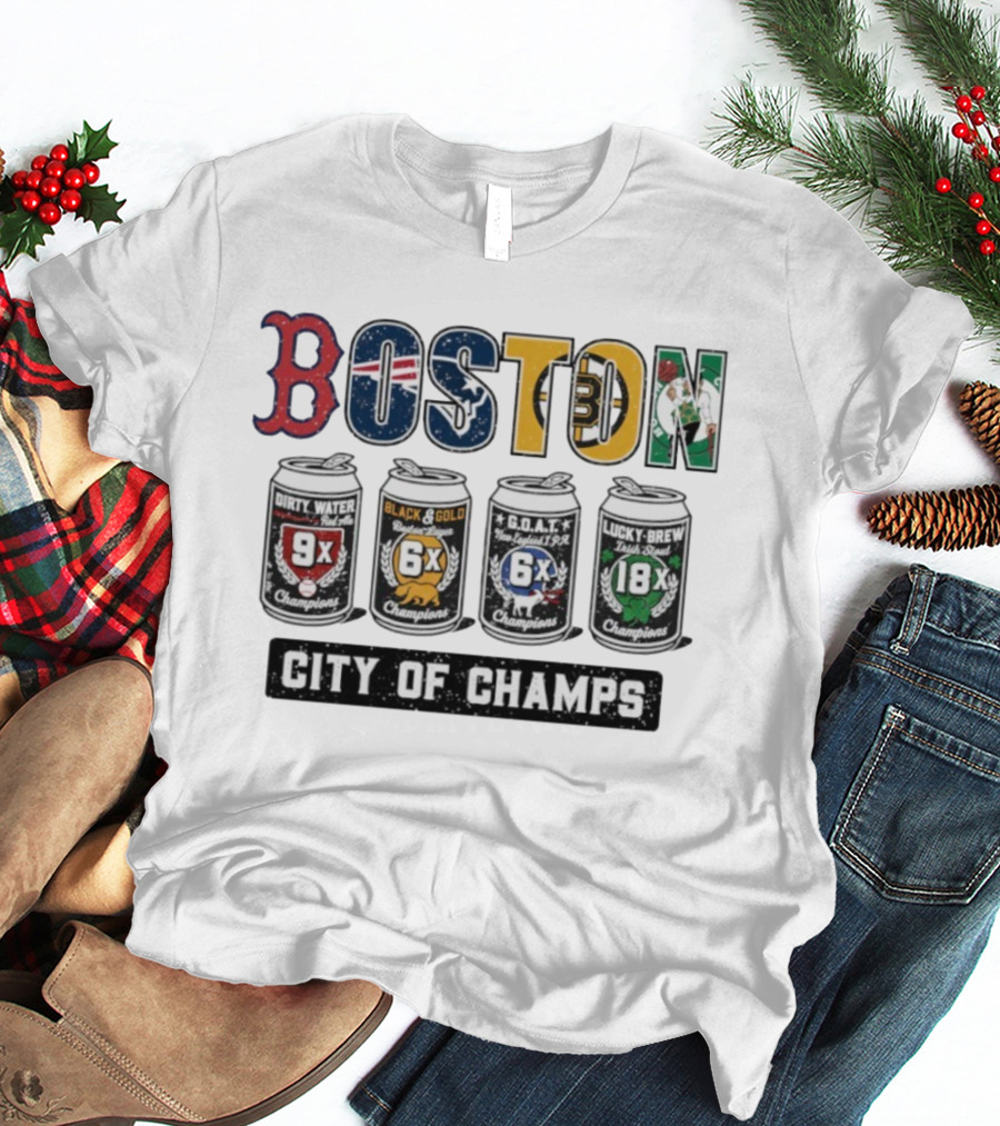 Boston City Of Champions Dirty Water Black Gold G.O.A.T Lucky Brew T-Shirt