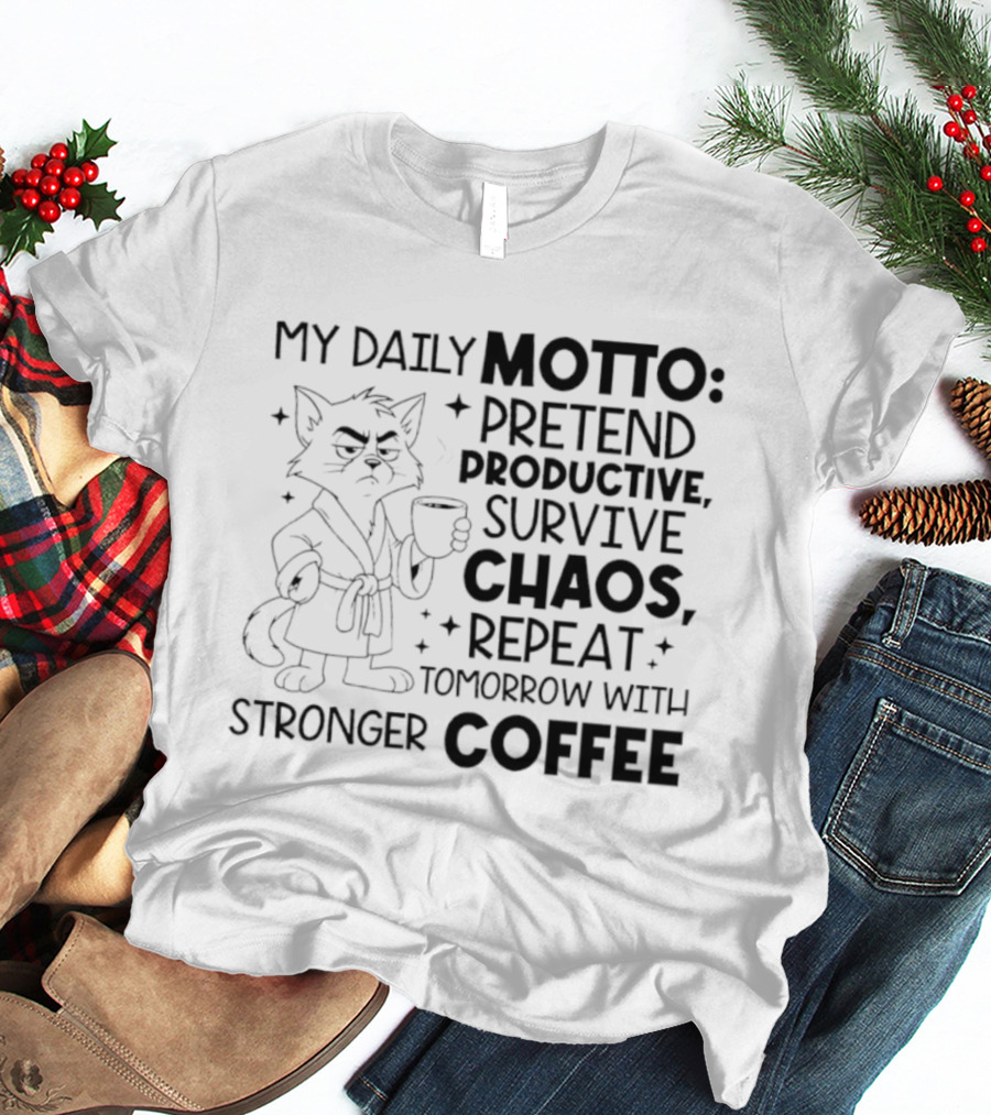 Cat My Daily Motto Survive Chaos Repeat Tomorrow With Stronger Coffee T-Shirt