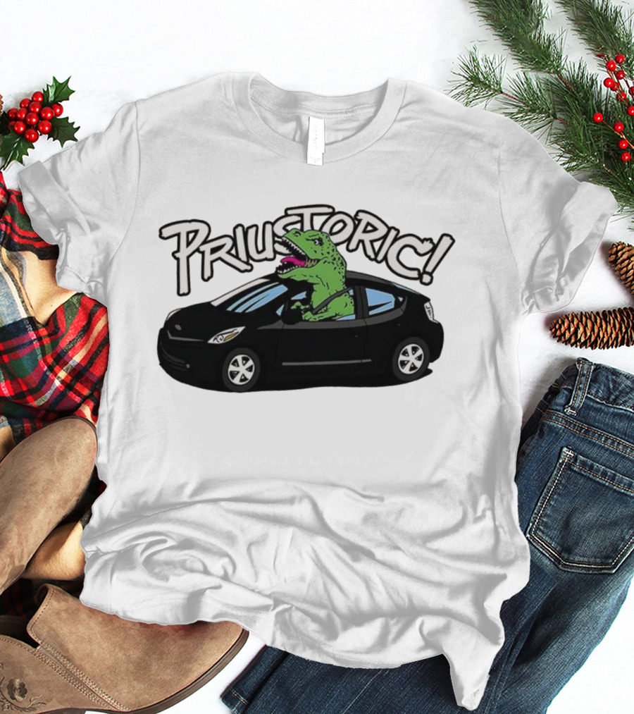 Priustoric T-Rex Dinosaur Driving Car Playful Humor T-Shirt