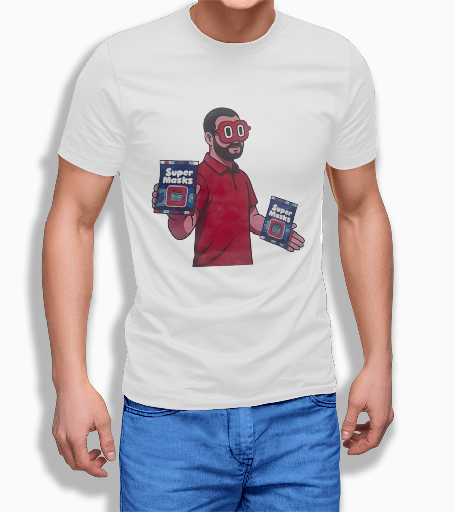 Super Masks Red Character Holding Packages With Eye Mask T-Shirt