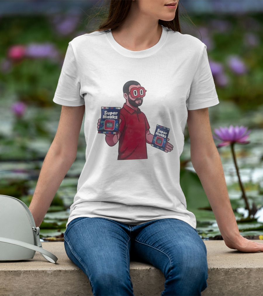 Super Masks Red Character Holding Packages With Eye Mask T-Shirt