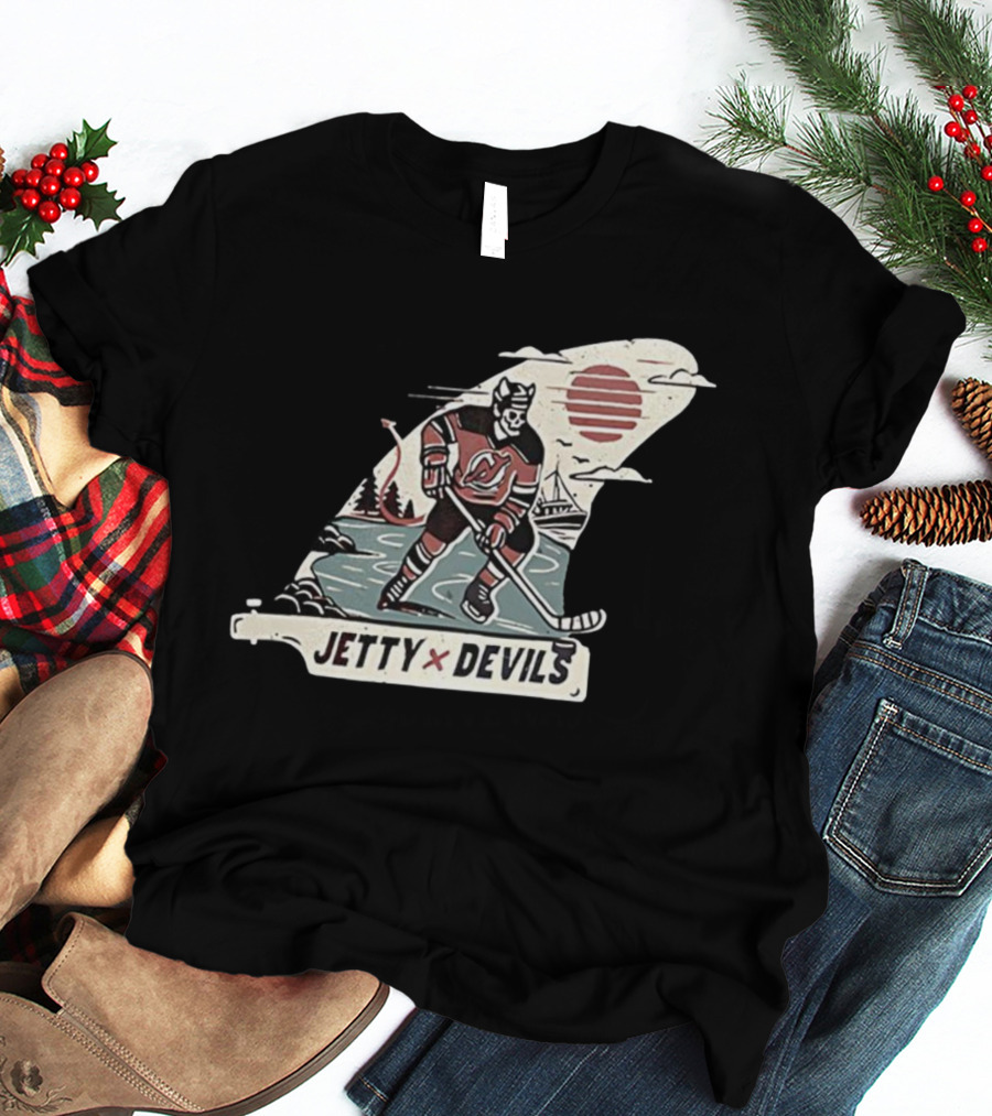 Jetty X New Jersey Devils NHL Player Vintage Skeleton Hockey Sunset Scene T-Shirt