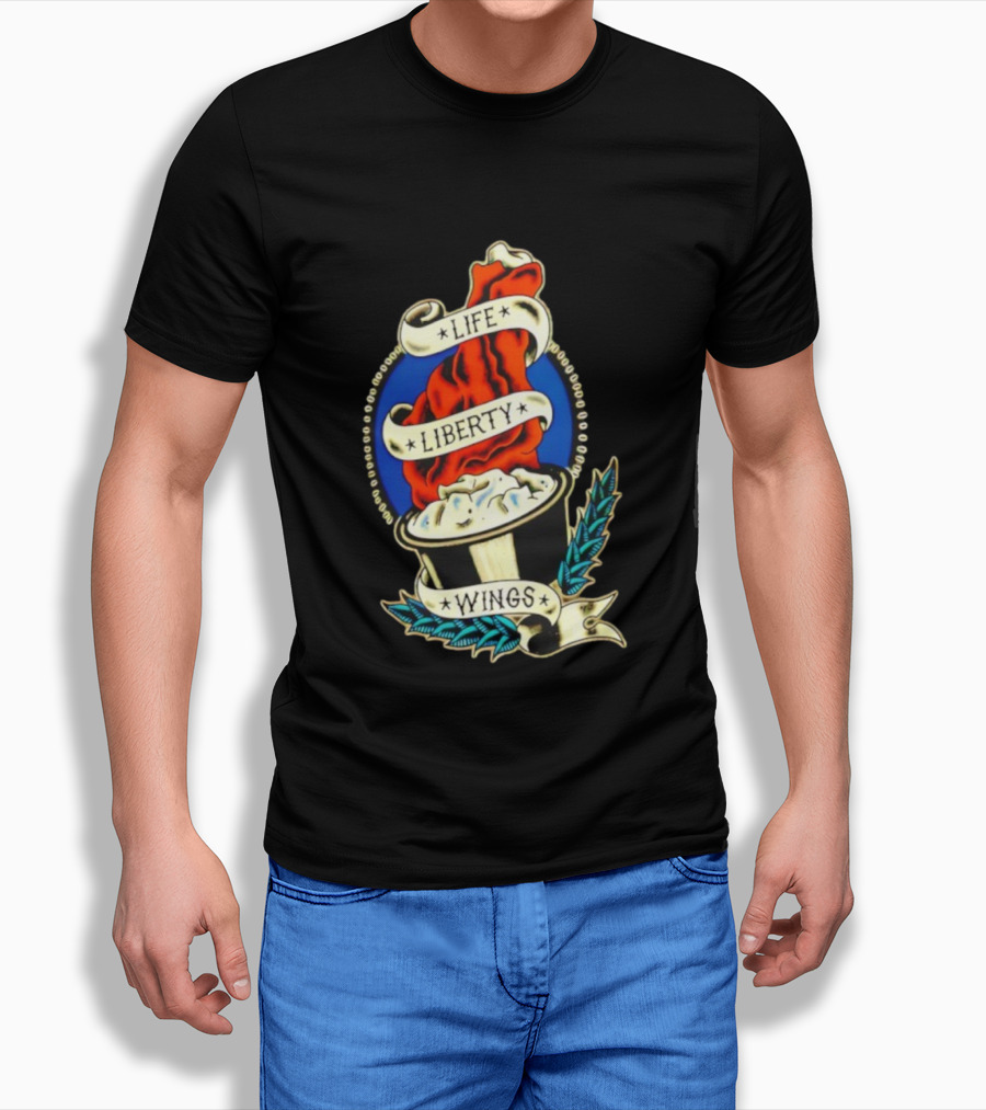 Life Liberty Wings Tattoo Style Emblem Flame And Feather Elements T-Shirt