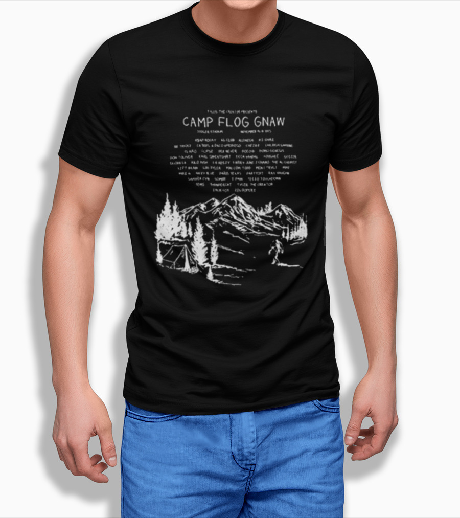 Camp Flog Gnaw 2025 Mountain Bigfoot Tyler The Creator Lineup Adventure T-Shirt