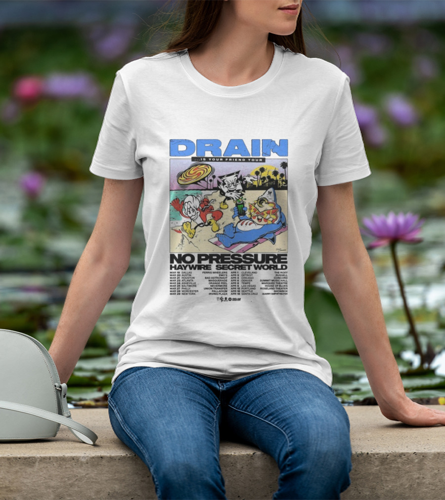 Drain Is Your Friend Tour 2026 No Pressure Haywire Secret World Beach Scene Vintage Style T-Shirt
