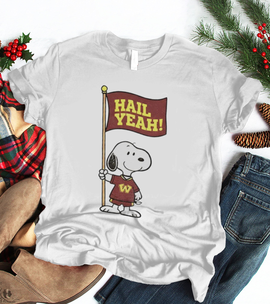 Snoopy Holding Hail Yeah Washington Commanders Flag Football Cartoon T-Shirt