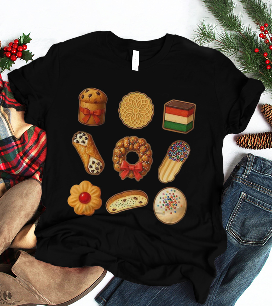 Festive Italian Cookie Variety Featuring Pandoro Biscotti Cannoli Bow Sprinkles T-Shirt