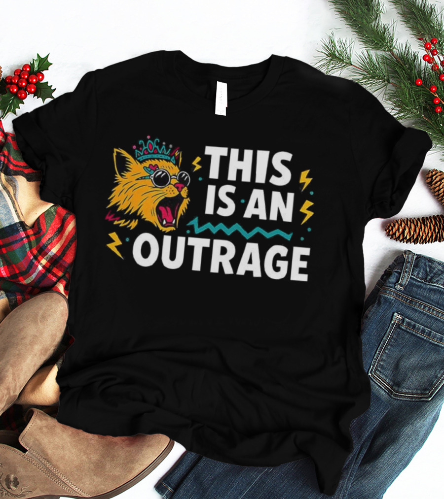 Cat This Is An Outrage Fun Cool Sunglasses Lightning Bolt T-Shirt