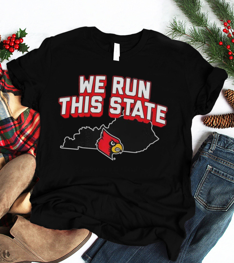 Louisville Cardinals Basketball We Run This State Kentucky Outline T-Shirt