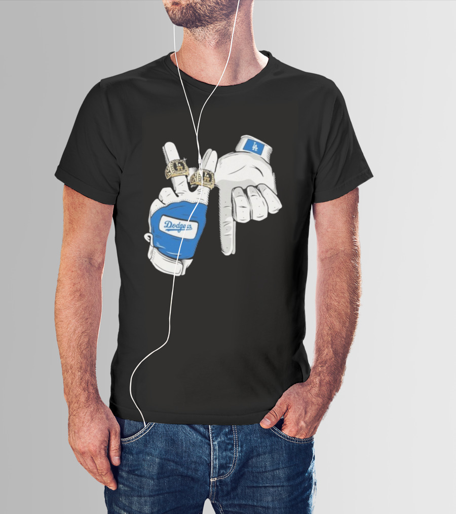 Los Angeles Dodgers Back 2 Back World Series Champions 2025 Rings LA Logo Glove Hands T-Shirt