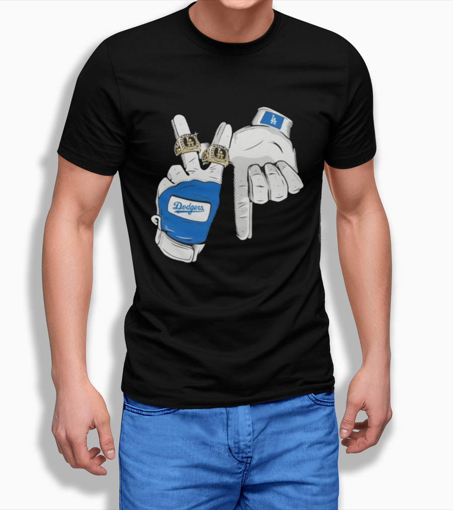 Los Angeles Dodgers Back 2 Back World Series Champions 2025 Rings LA Logo Glove Hands T-Shirt